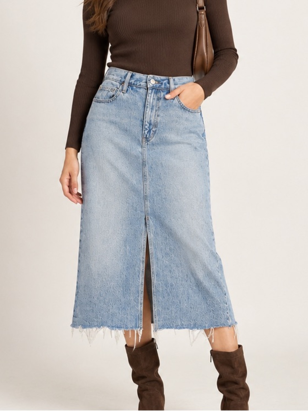 Light Wash Denim Midi Skirt Raw Hem Front Slit Y2K 90s Minimalist 26